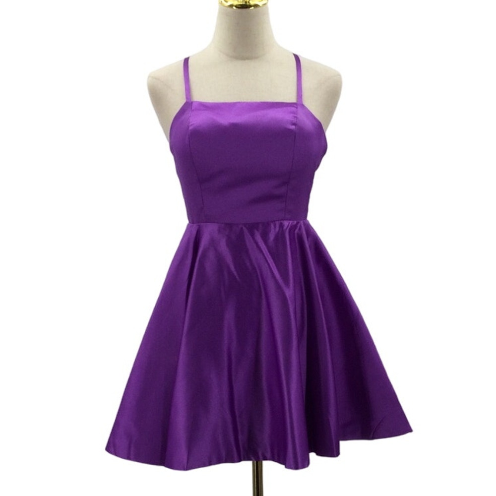 PARTY SZ 0 XS purple satin backless lace up skater fit and flare mini dress B47